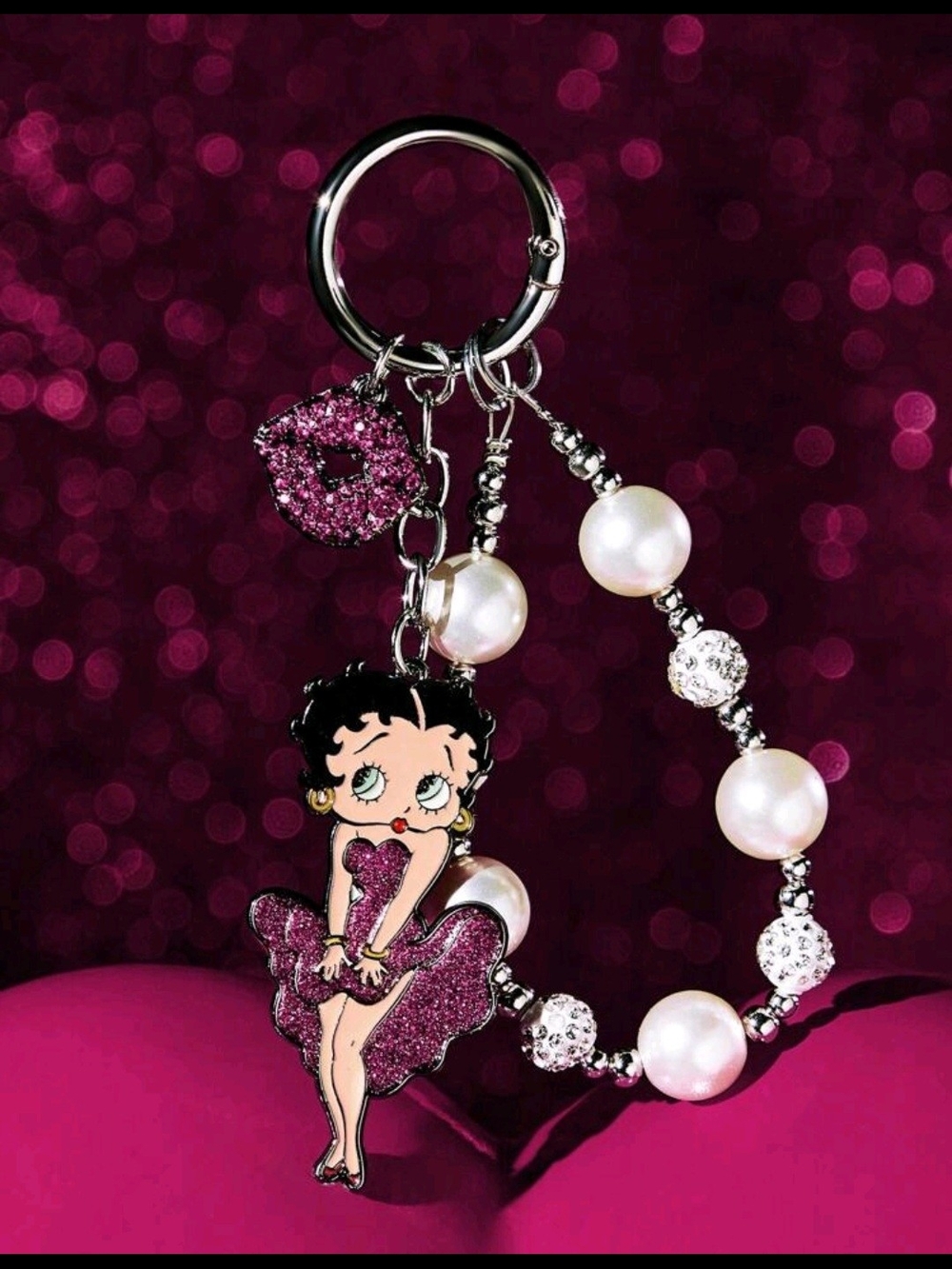 Betty Boop Pink Glitter Pearl Charm Keychain